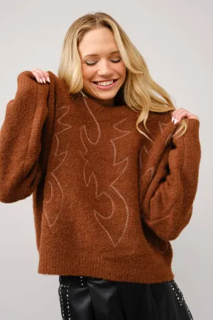 36332W - Western Boots Stitch Pattern Crew Neck Sweater