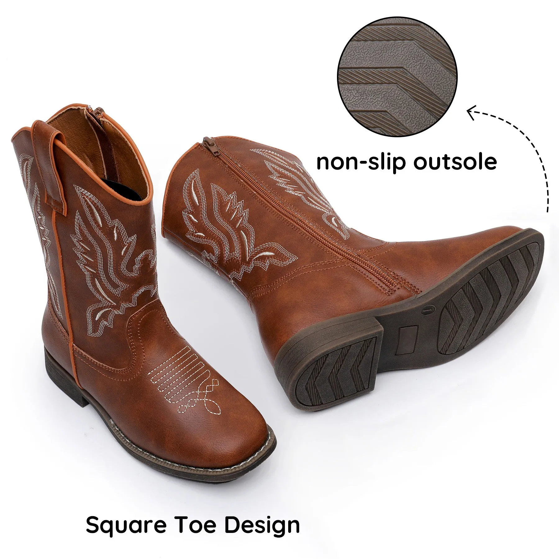 Apakowa Kids Boys Girls Square Toe Cowboy Boots-RF917-Brown