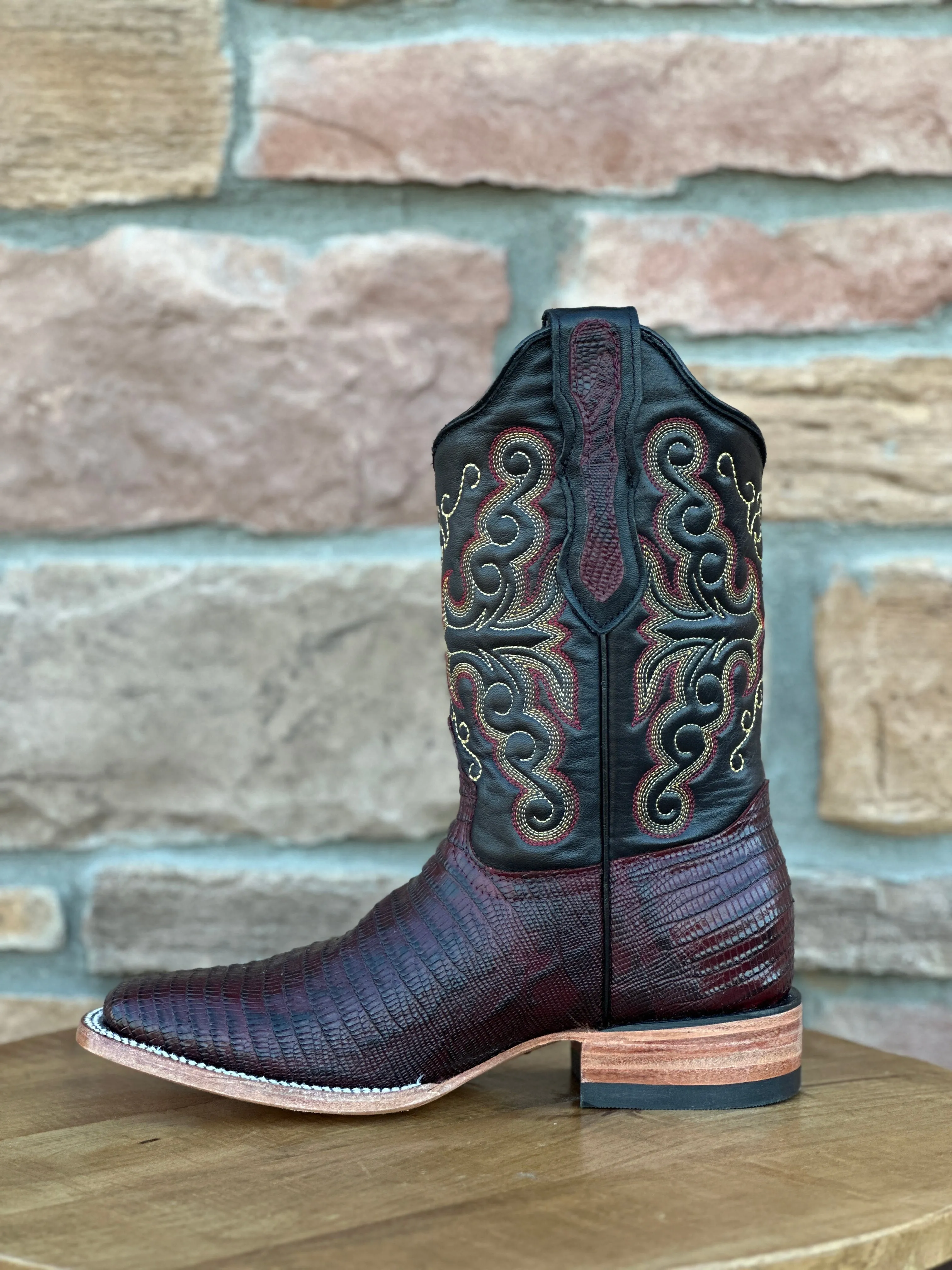 Artillero Burgundy Teju Lizard Print Wide Square Toe Boots