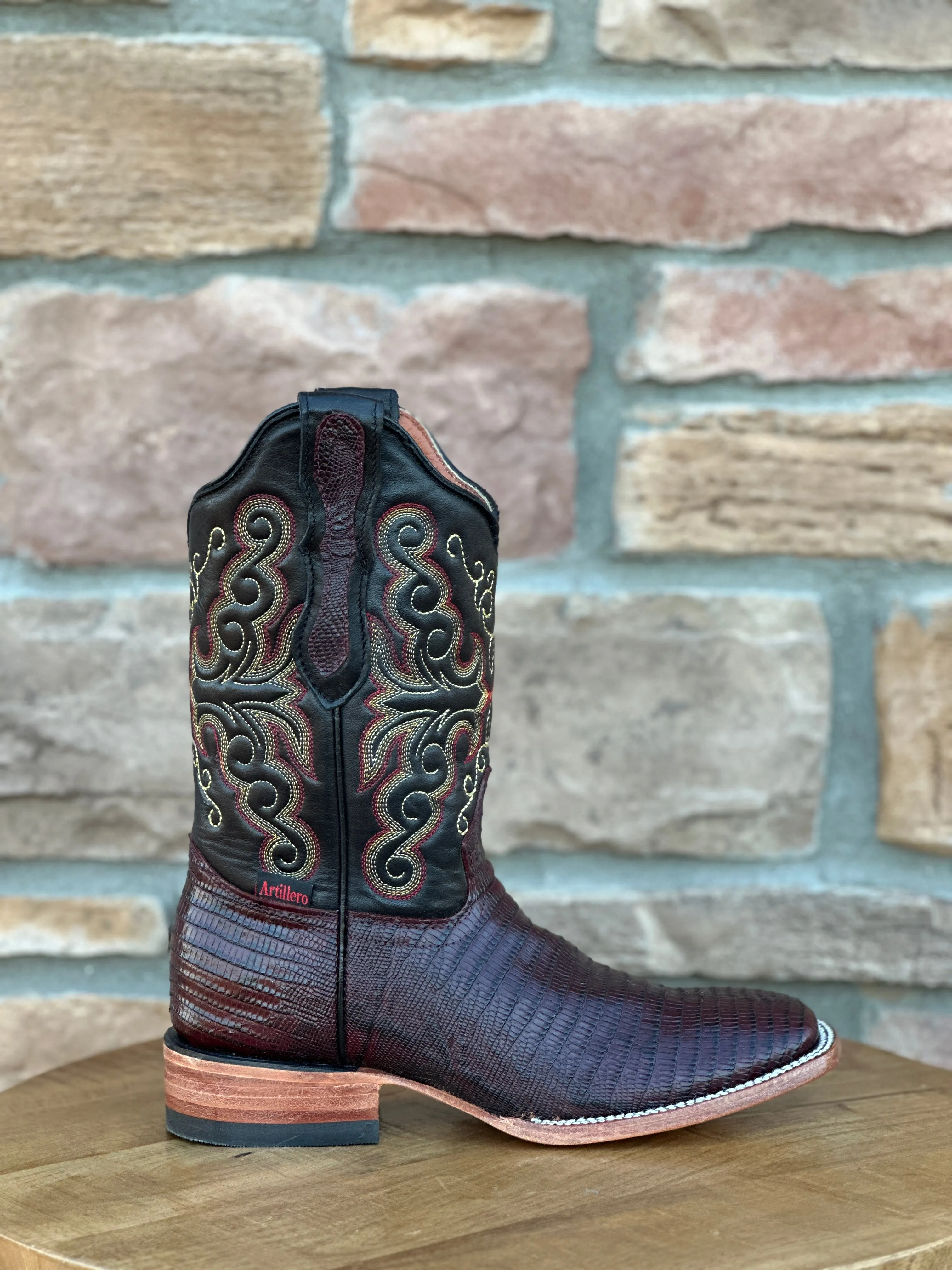 Artillero Burgundy Teju Lizard Print Wide Square Toe Boots