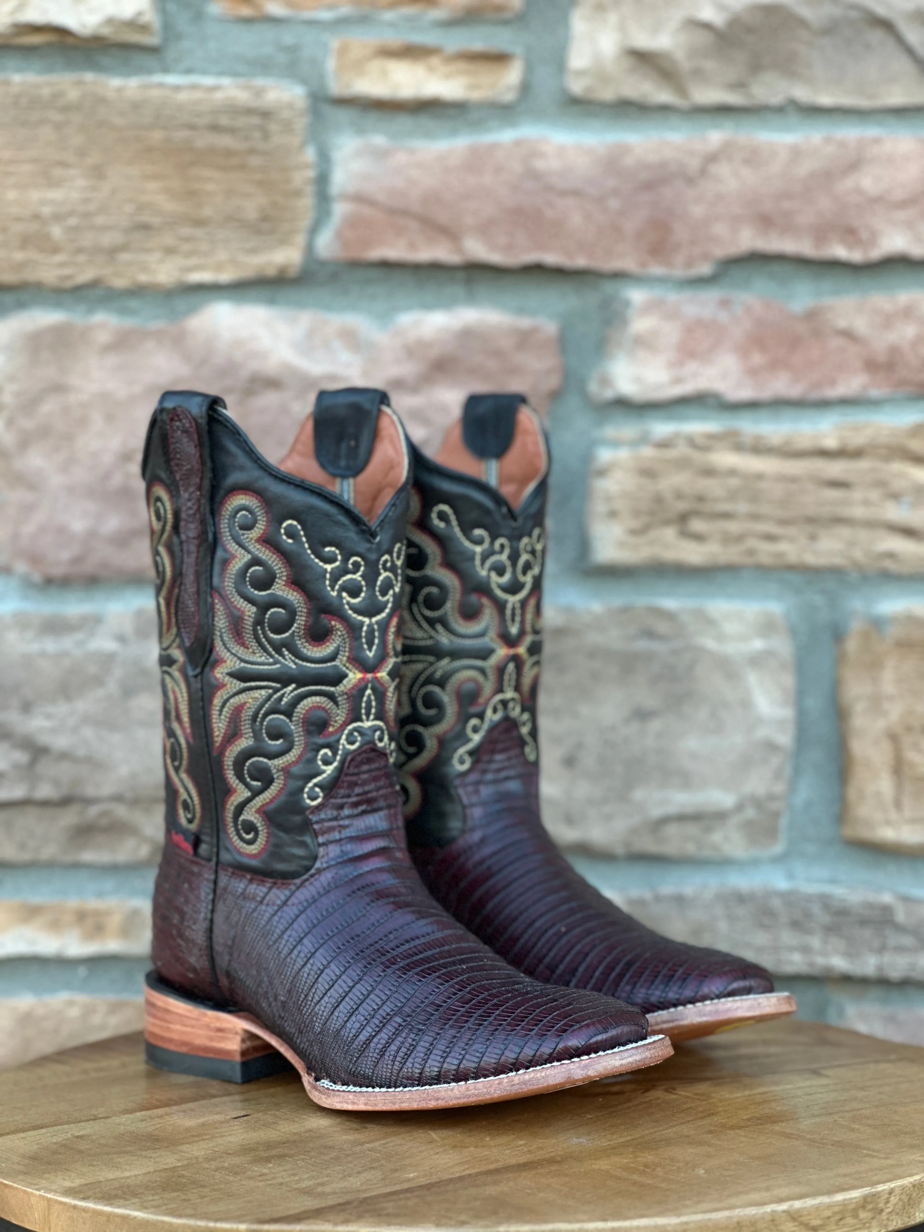 Artillero Burgundy Teju Lizard Print Wide Square Toe Boots