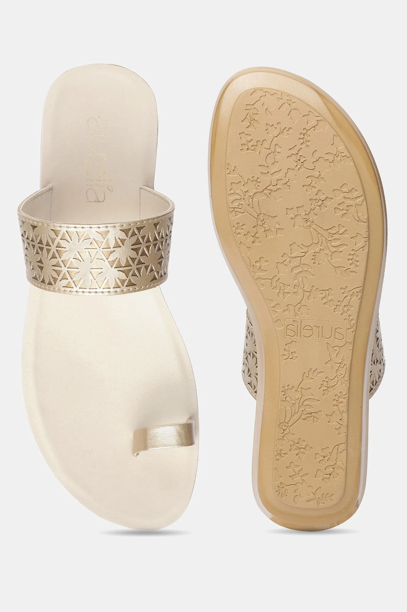 Aurelia Gold Laser Cut Almond Toe Flat-ZLILLIAN