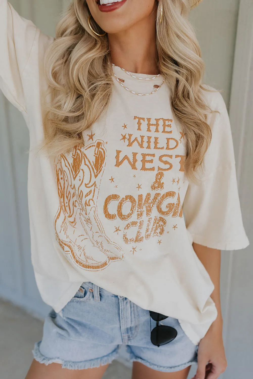 Beige Western Slogan Cowgirl Boots Printed Crewneck Ripped Tee