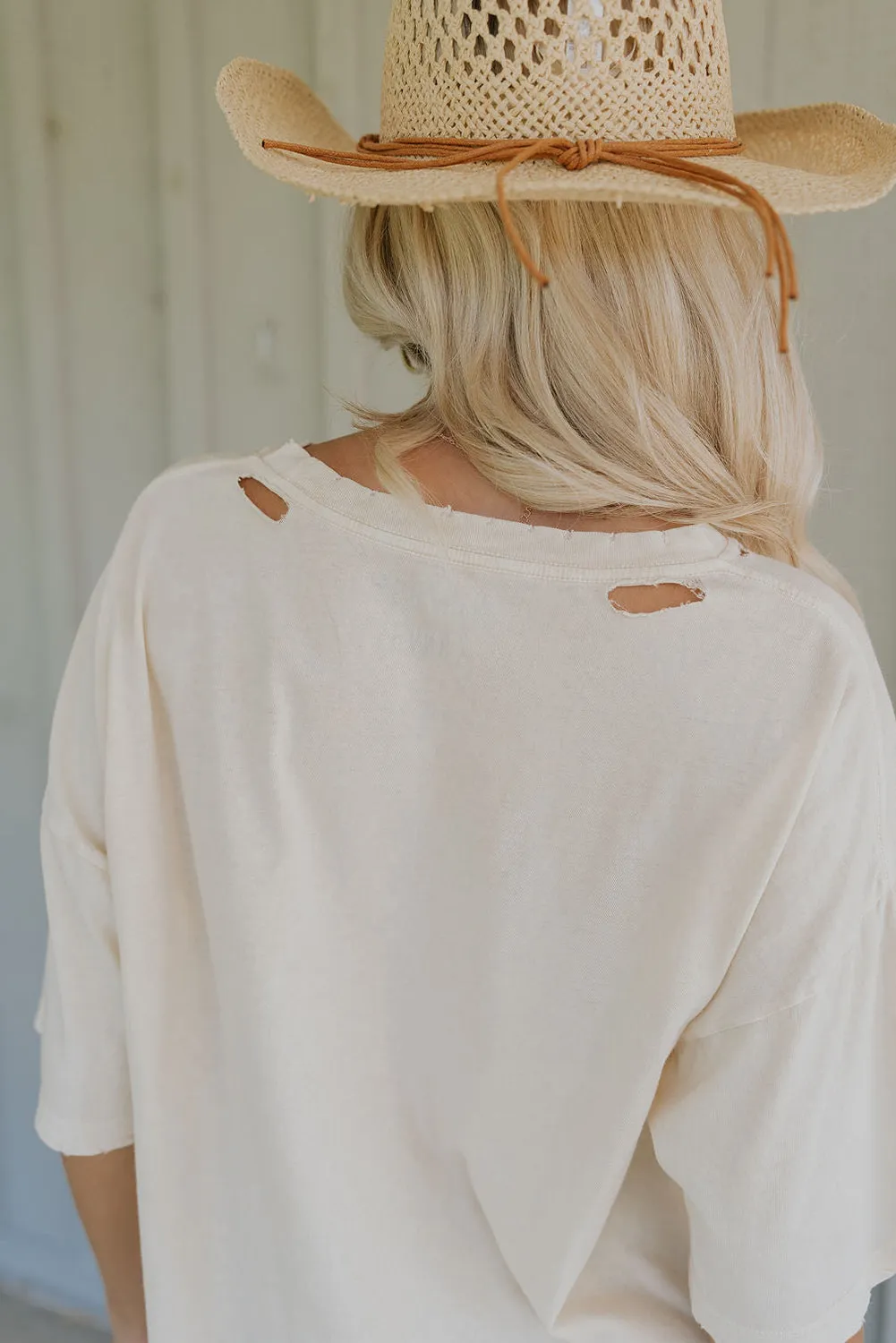 Beige Western Slogan Cowgirl Boots Printed Crewneck Ripped Tee