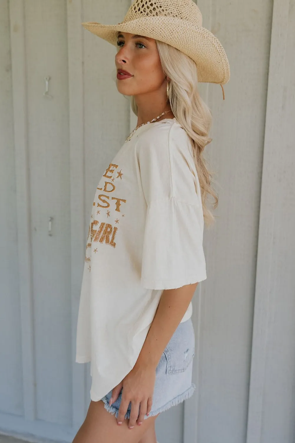 Beige Western Slogan Cowgirl Boots Printed Crewneck Ripped Tee