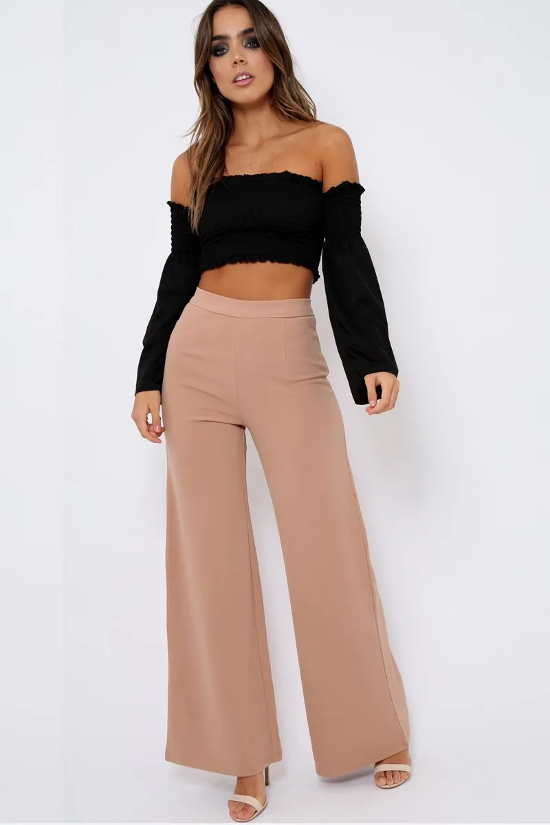 Black Bardot Shirred Crop Top with Flared Sleeves - Shera