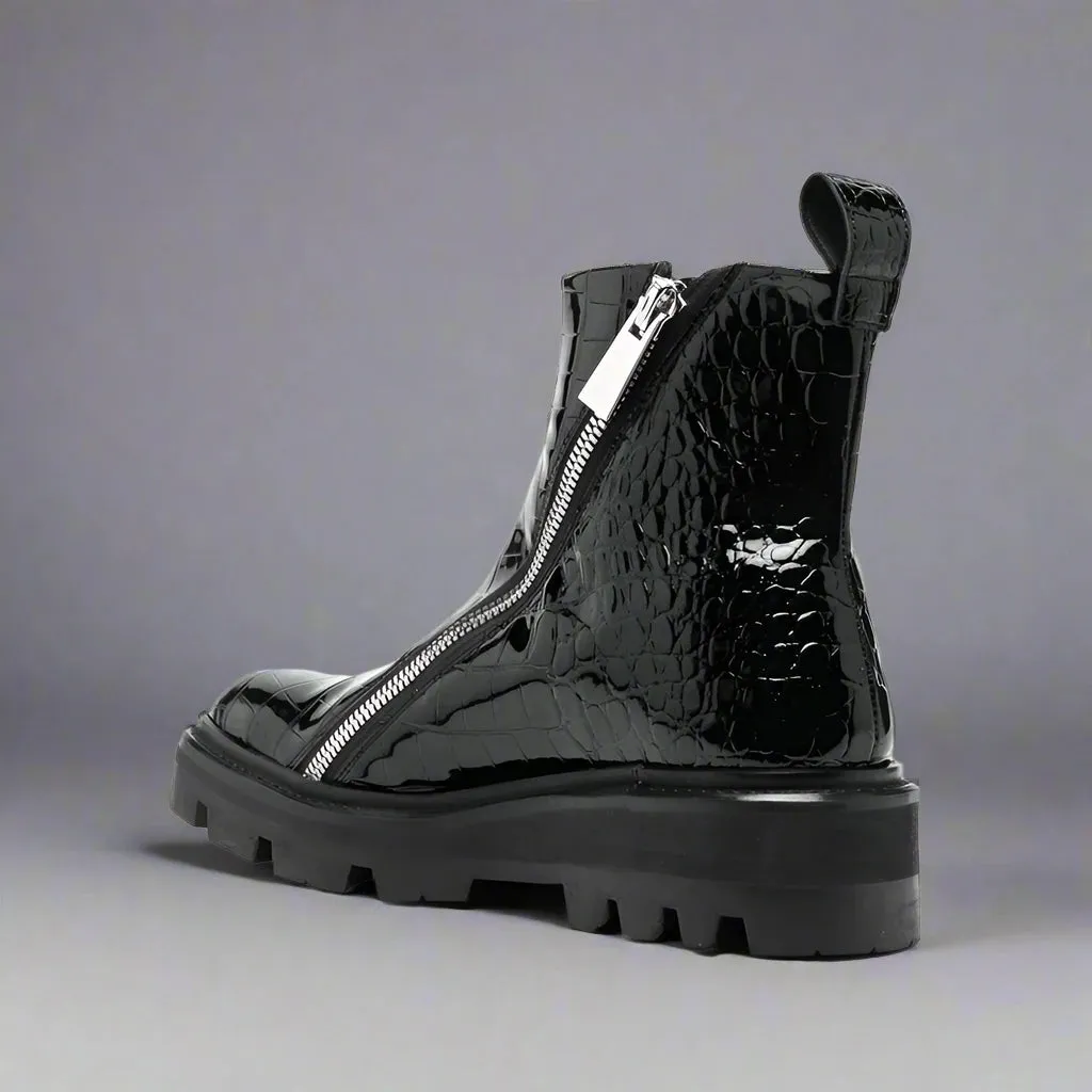 Black Croc Leather Appoggio Ankle Rugged Zipper Combat Hiking Boots with Chunky Track Sole - Boots