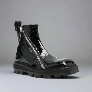 Black Croc Leather Appoggio Ankle Rugged Zipper Combat Hiking Boots with Chunky Track Sole - Boots