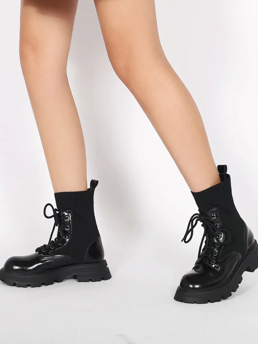 Black Leather Combat Sock Bootie
