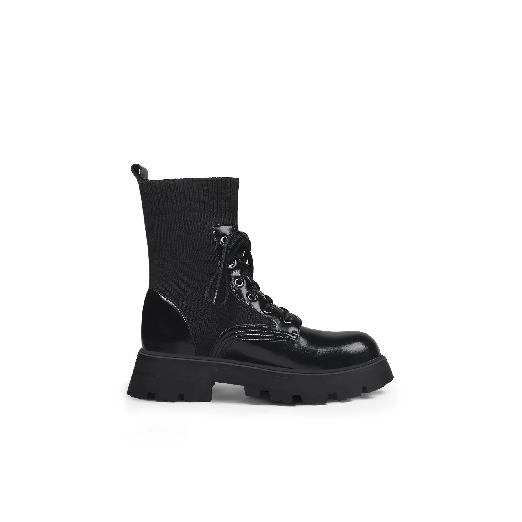 Black Leather Combat Sock Bootie