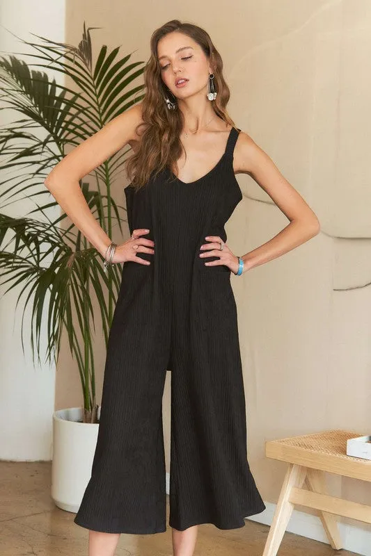 Black Textured Wide-Leg Jumpsuit