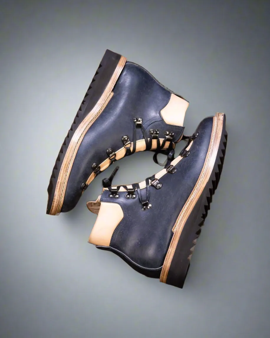 Blue Leather and White Leather High Top Lace Up Boots With White Sole - Combat Boots - Boots