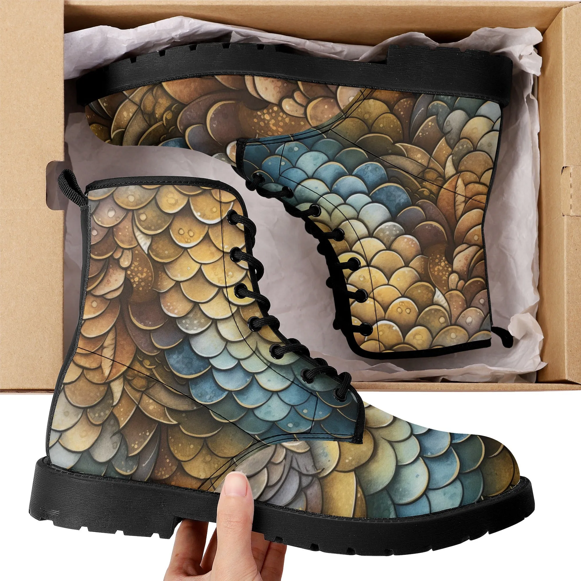Brown Dragon Scales Black Mens Vegan Boots