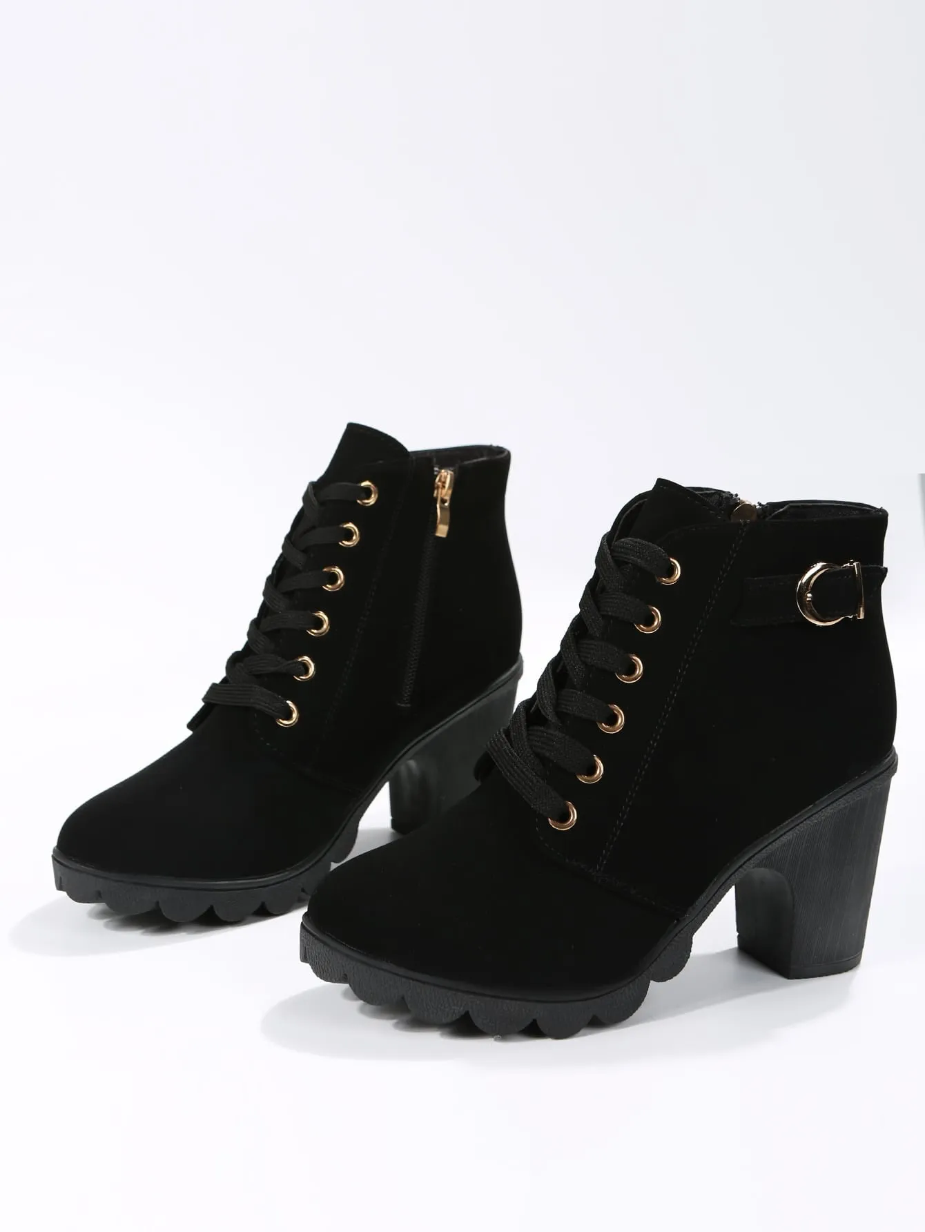 Buckle Detail Side Zip Chunky Heeled Combat Boots - Black