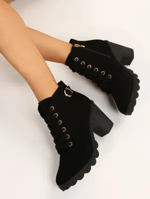 Buckle Detail Side Zip Chunky Heeled Combat Boots - Black