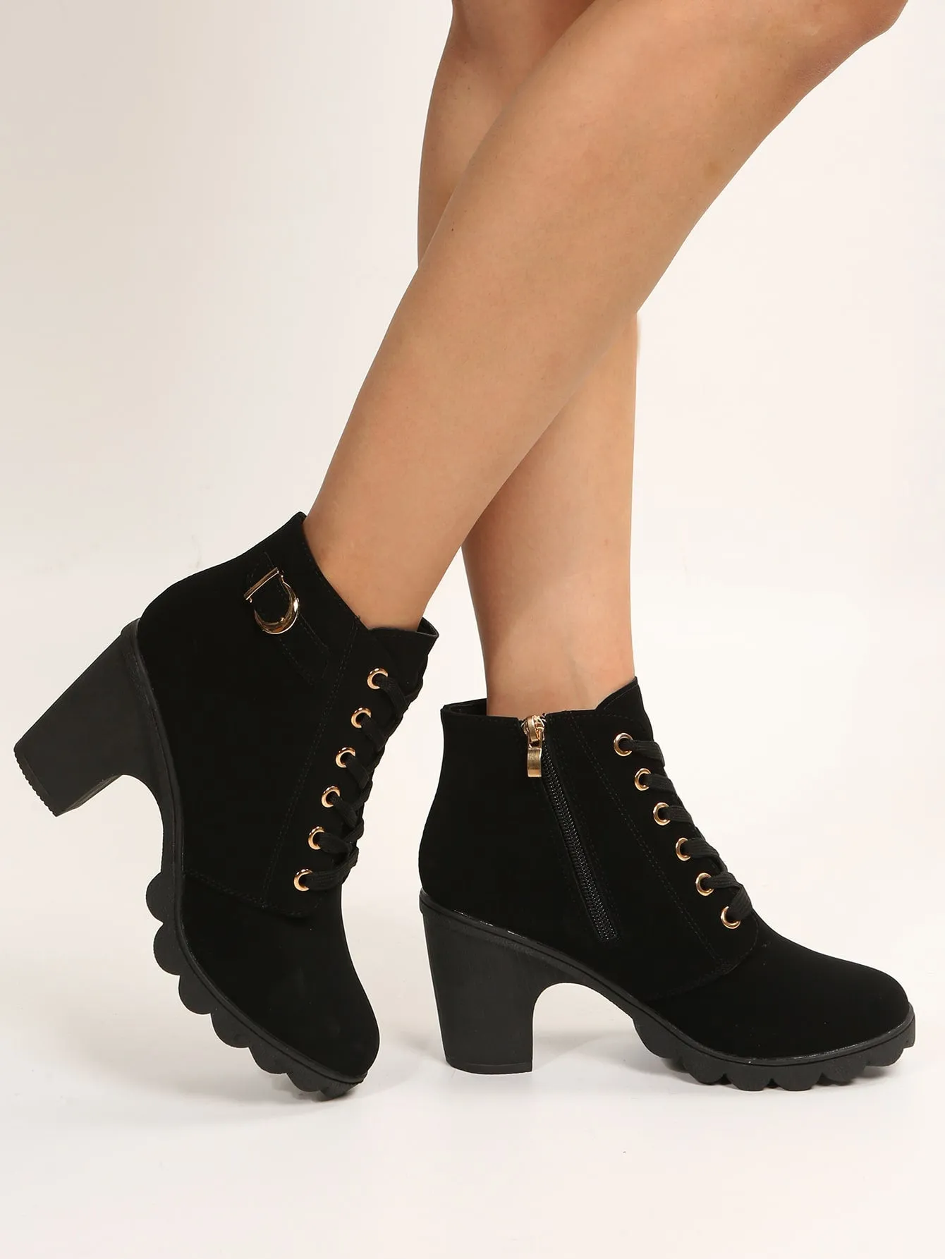Buckle Detail Side Zip Chunky Heeled Combat Boots - Black