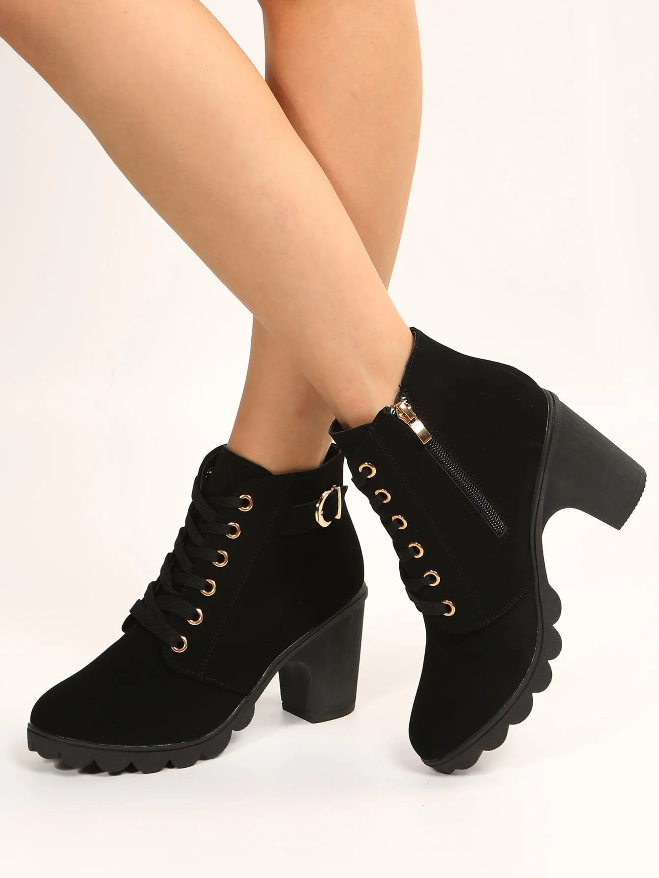 Buckle Detail Side Zip Chunky Heeled Combat Boots - Black
