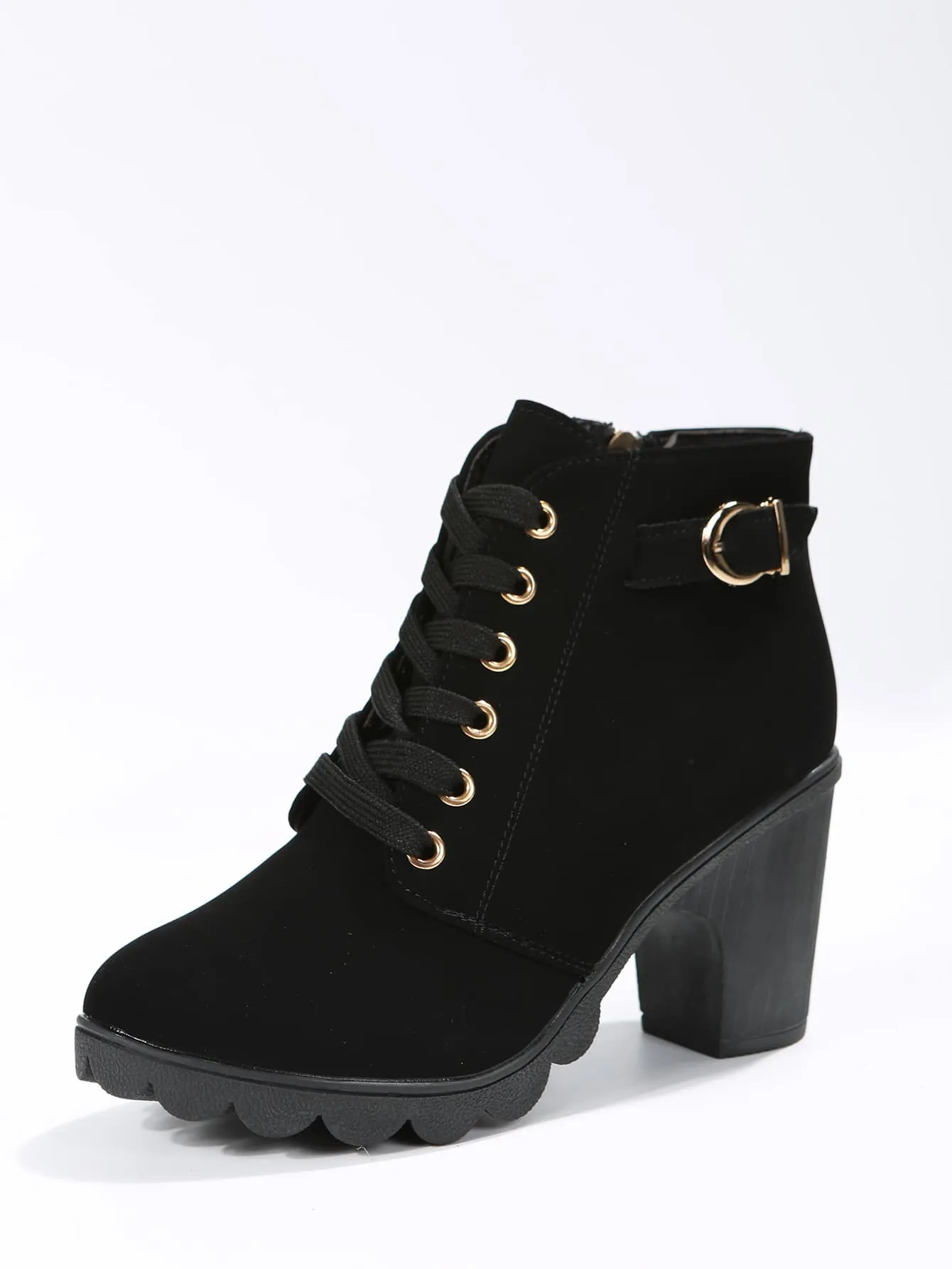 Buckle Detail Side Zip Chunky Heeled Combat Boots - Black