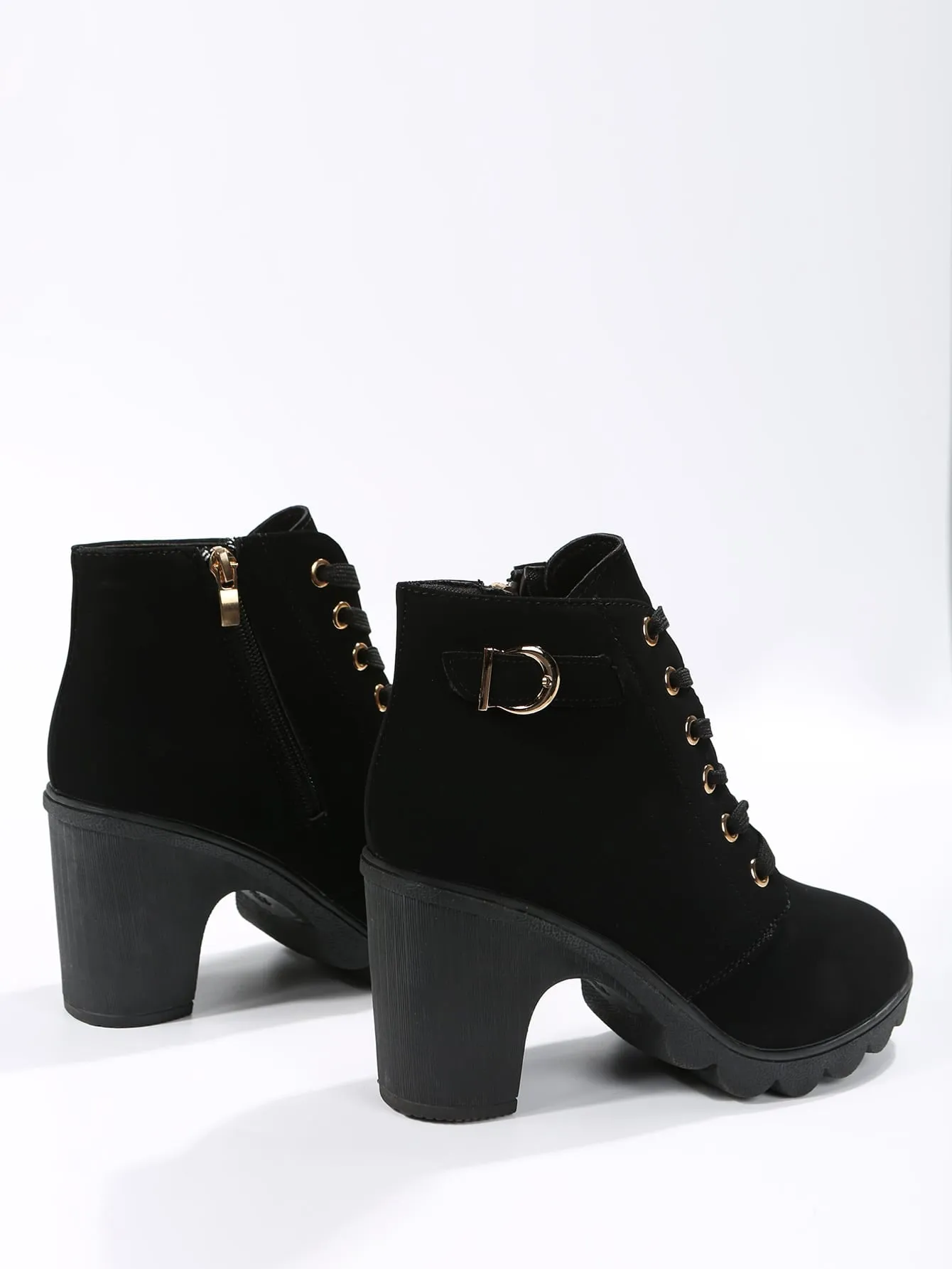 Buckle Detail Side Zip Chunky Heeled Combat Boots - Black