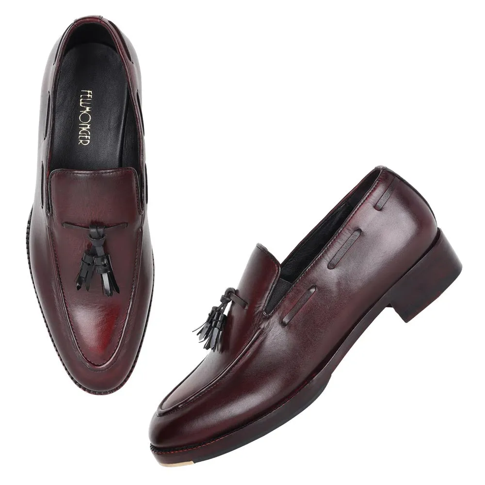 Burgundy Mirror Glossed Classic Loafers with Black Leather Tassels   Metal Toe Plate