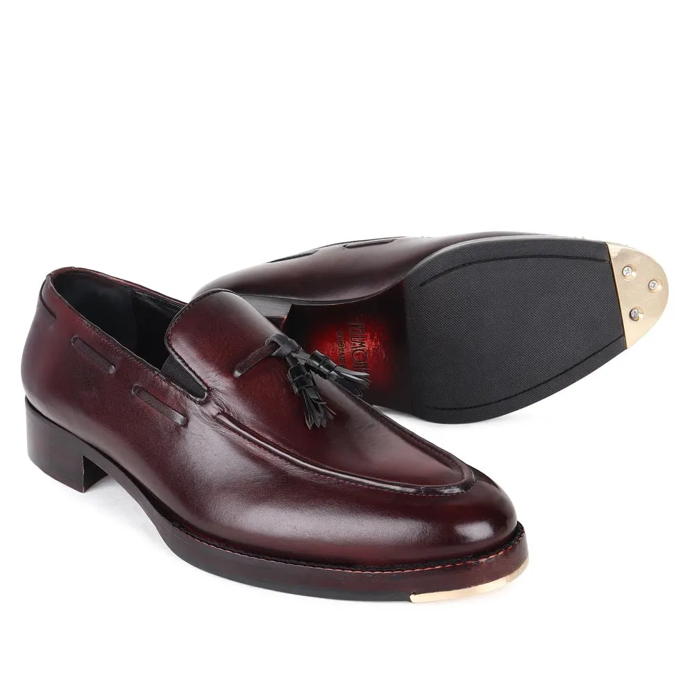 Burgundy Mirror Glossed Classic Loafers with Black Leather Tassels   Metal Toe Plate