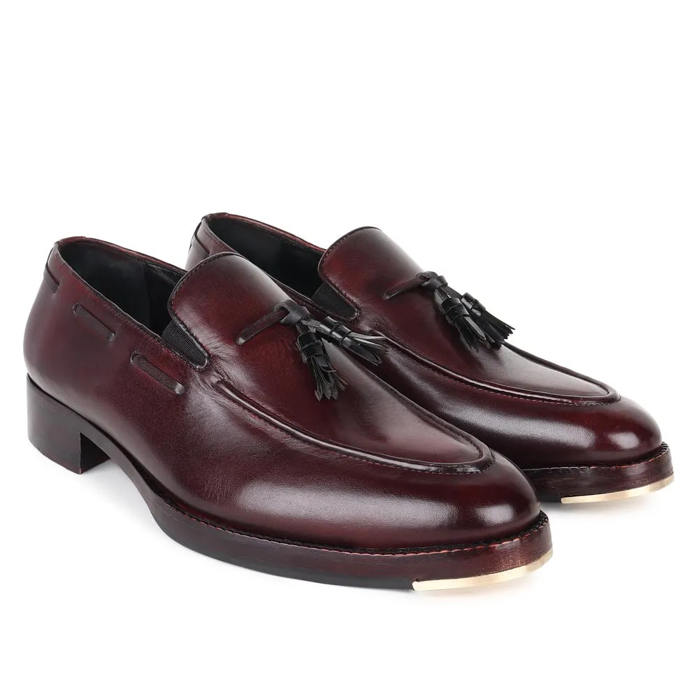 Burgundy Mirror Glossed Classic Loafers with Black Leather Tassels   Metal Toe Plate