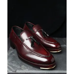Burgundy Mirror Glossed Classic Loafers with Black Leather Tassels   Metal Toe Plate