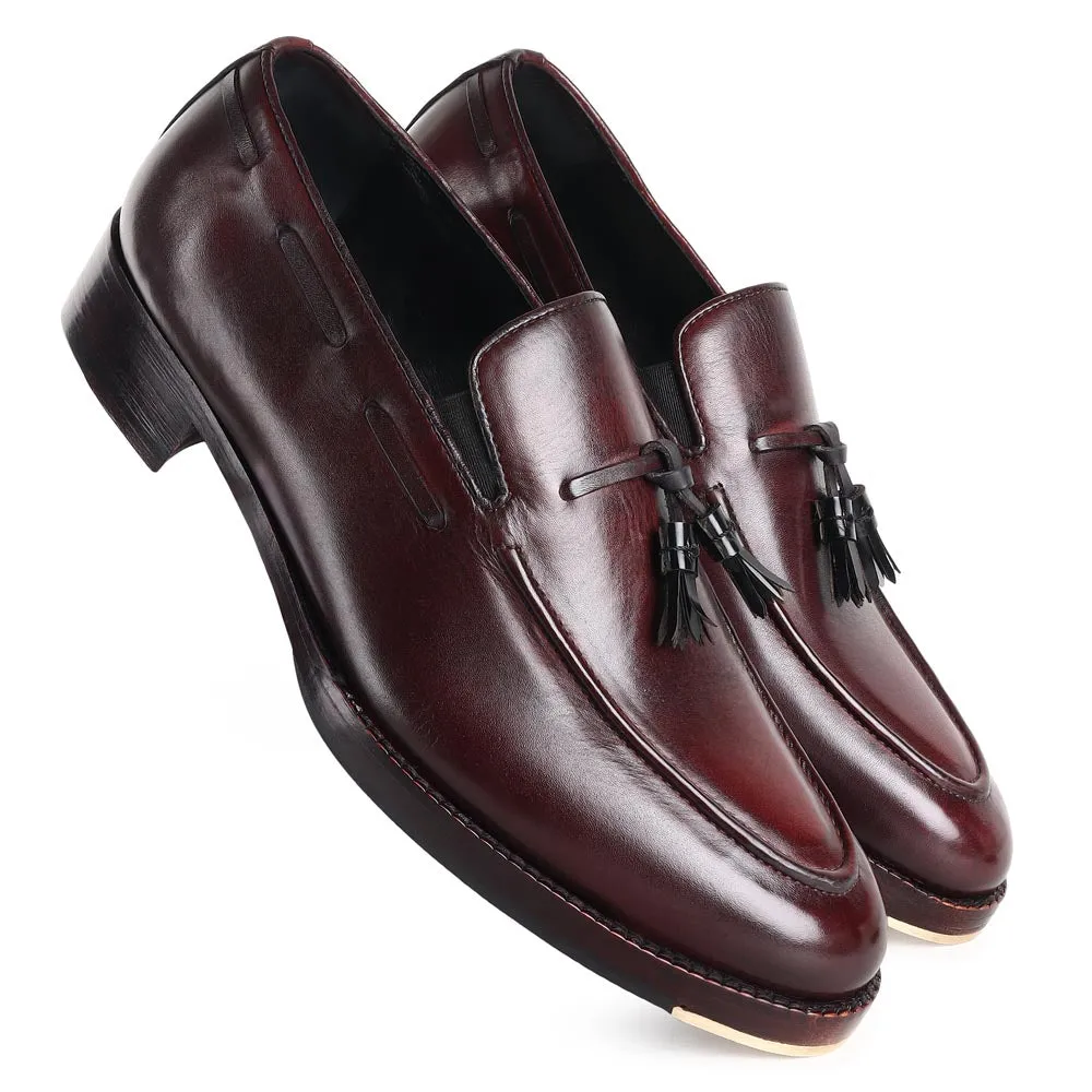 Burgundy Mirror Glossed Classic Loafers with Black Leather Tassels   Metal Toe Plate