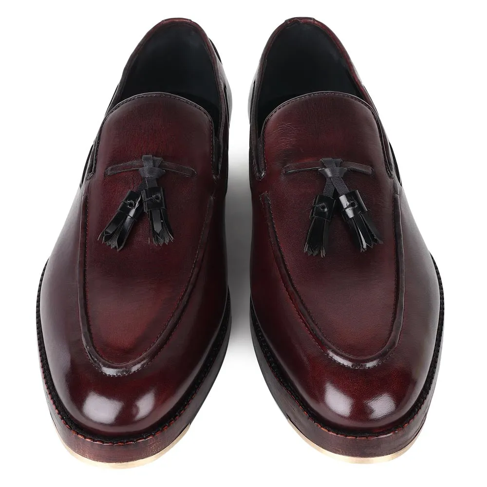Burgundy Mirror Glossed Classic Loafers with Black Leather Tassels   Metal Toe Plate