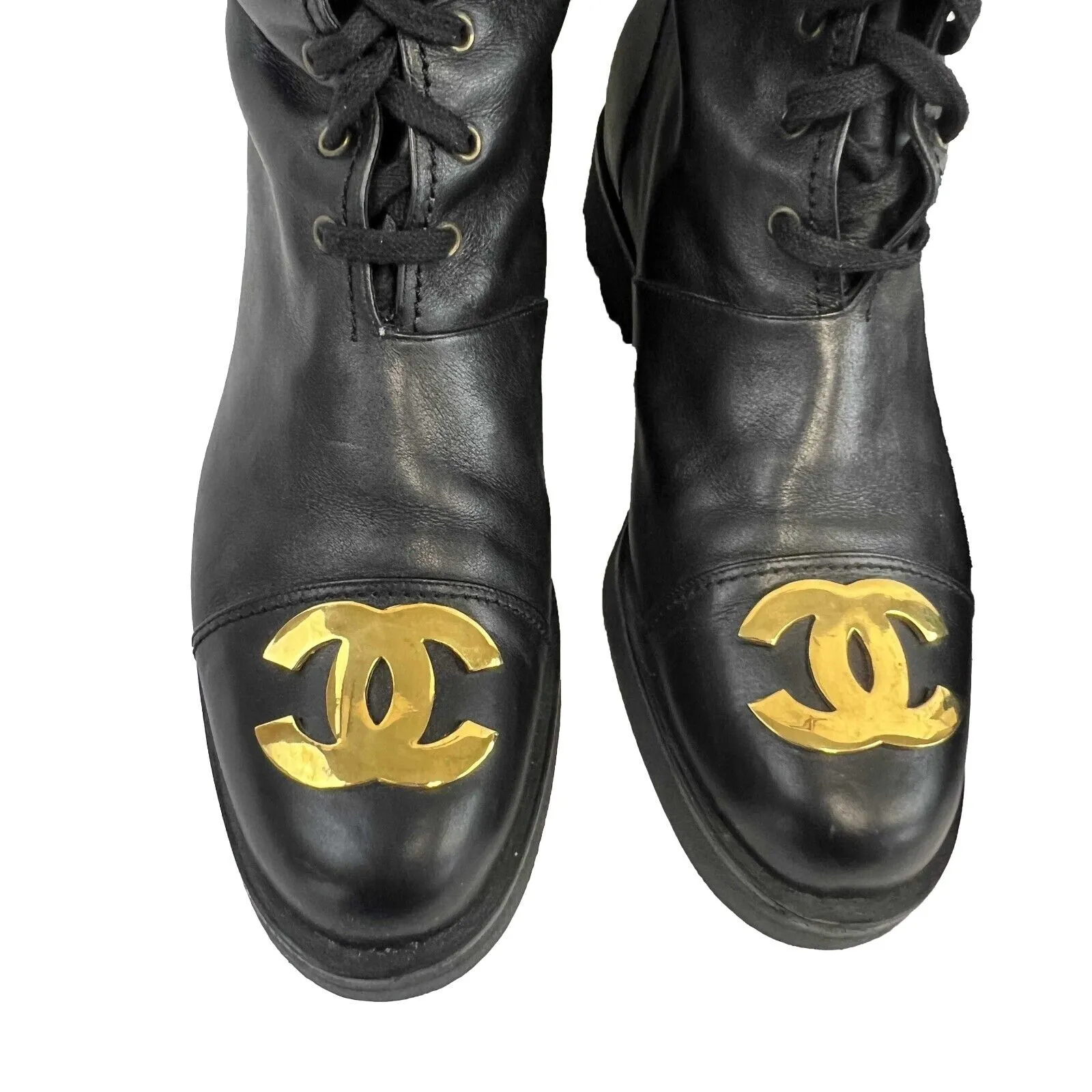 CHANEL - 92/93 Tall Leather Vintage CC Combat Knee High Boots FR 39 US 8