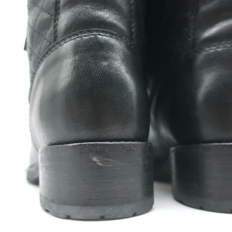 Chanel CC Quilted Combat Boots Black Leather Size 37.5