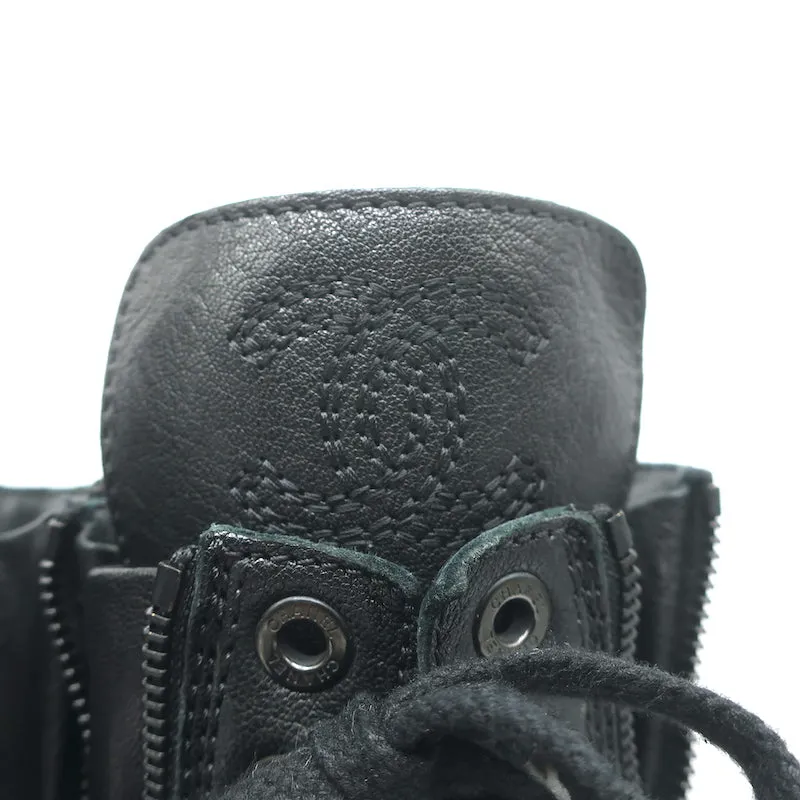 Chanel CC Quilted Combat Boots Black Leather Size 37.5