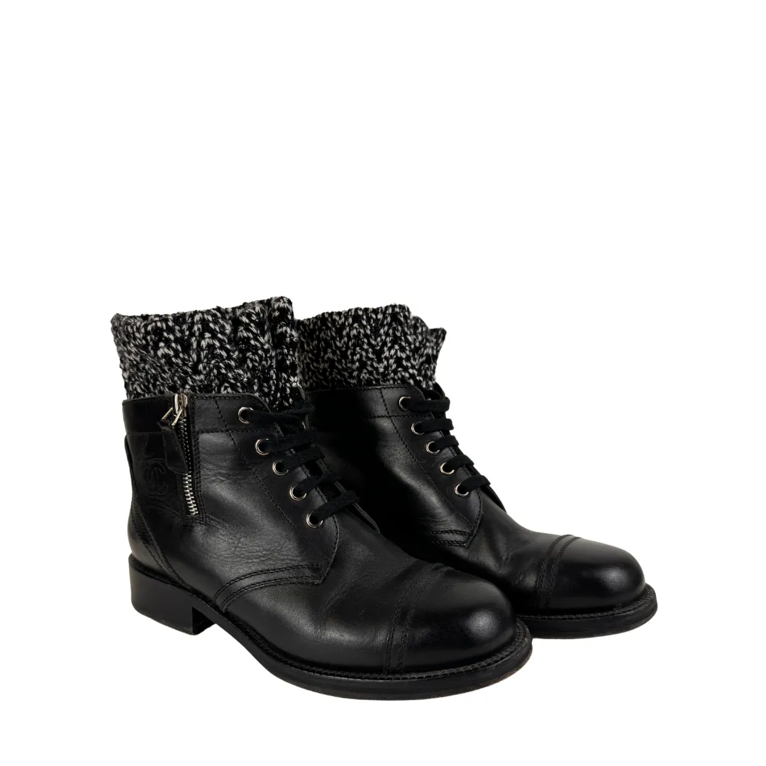 Chanel CC Tweed Sock Combat Boots - Size 37