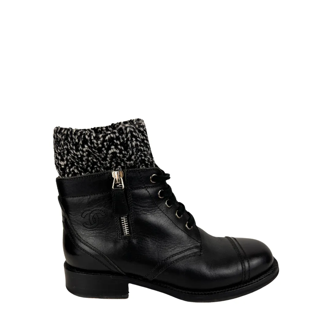 Chanel CC Tweed Sock Combat Boots - Size 37