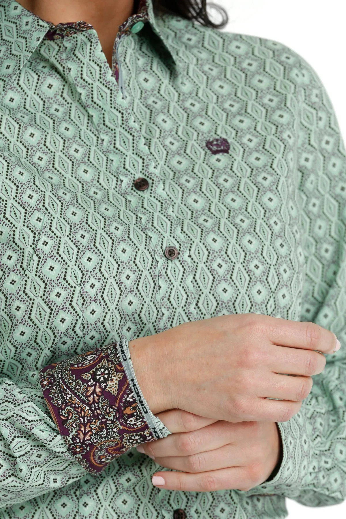 Cinch Women's Lime Green and Brown Western Shirt
