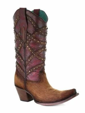Corral Women's Brown/Red Fur & Overlay & Studs Boots C3608