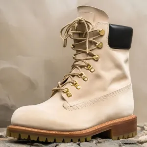 Cream Suede Italian Leather Appoggio Ankle Rugged Lace Up Combat Hiking Boots with Chunky Track Sole - Boots