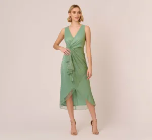 Crinkle Metallic Faux Wrap Dress With Draped Detail In Green Slate
