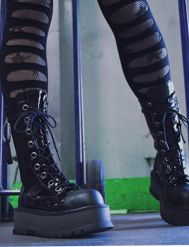 DEMONIA SLACKER-220 BOOTS - PATENT BLACK