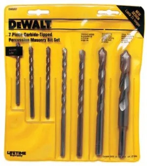 DeWalt® Carbide Hammer Drill Bit Set, 7 Pc, 3/16 in, 1/4 in, 5/16 in, 3/8 in, 1/2 in, DW5207