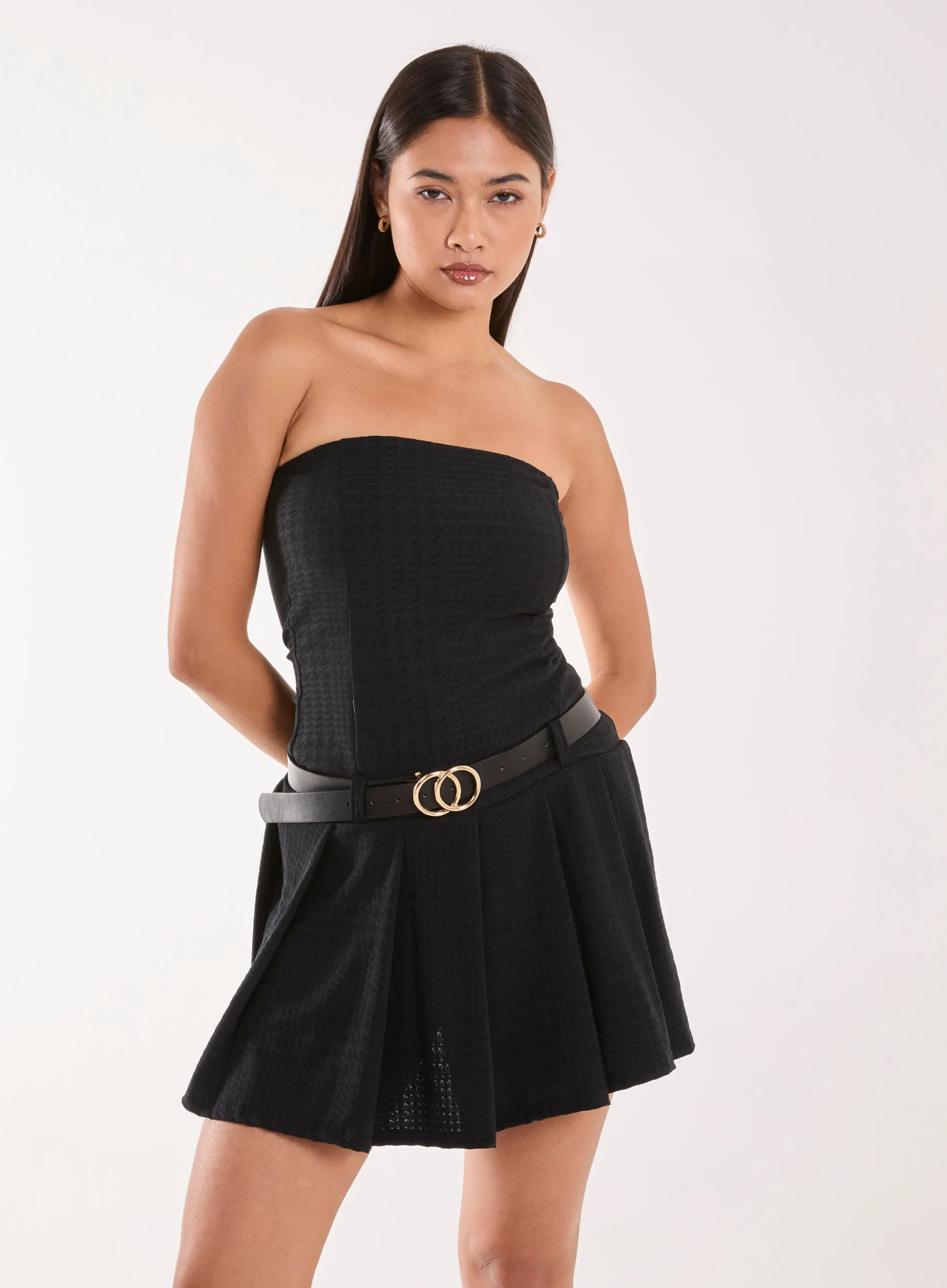 Dogtooth Belt Pleat Dress