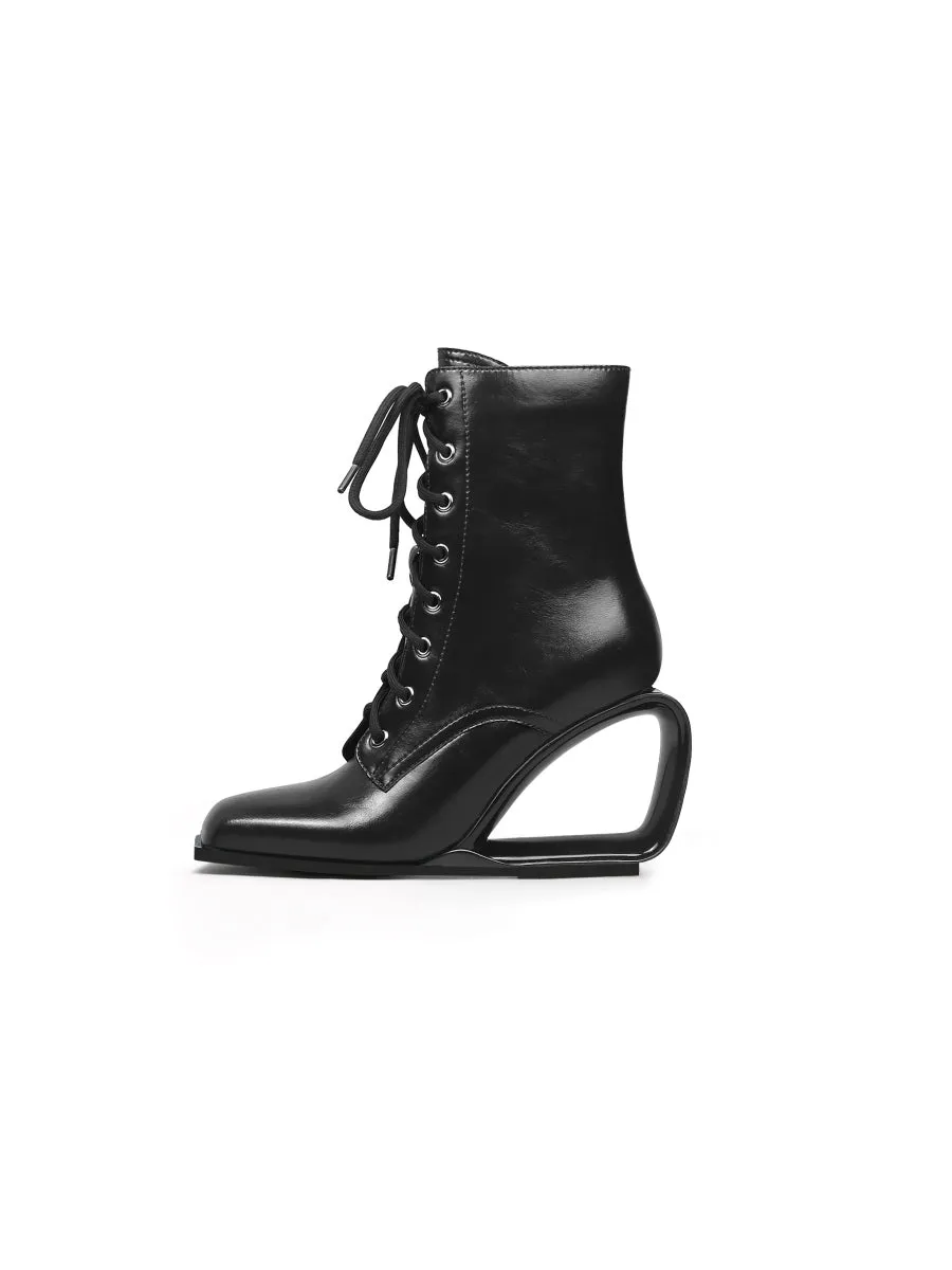 Elevator Wedge-Heel Shoelace Back Leather Boot