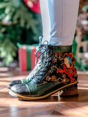 Floral Appliqued Lace Up Leather Ankle Boot