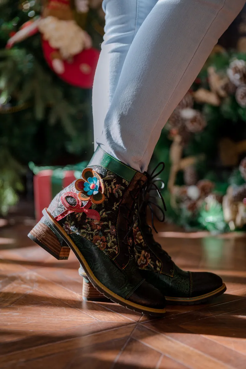 Floral Appliqued Lace Up Leather Ankle Boot