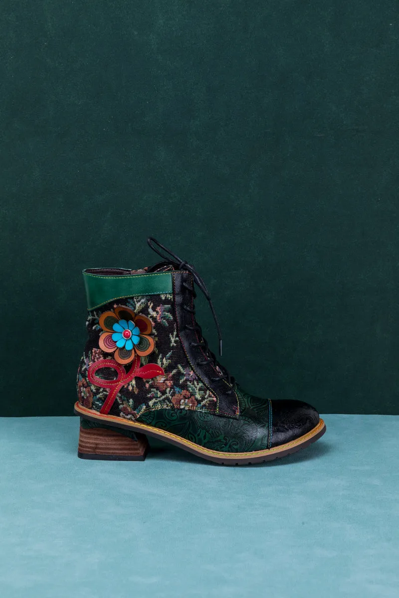 Floral Appliqued Lace Up Leather Ankle Boot