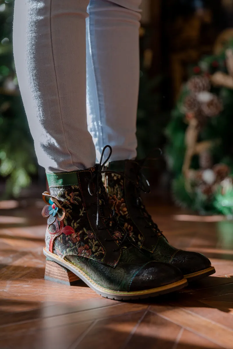 Floral Appliqued Lace Up Leather Ankle Boot