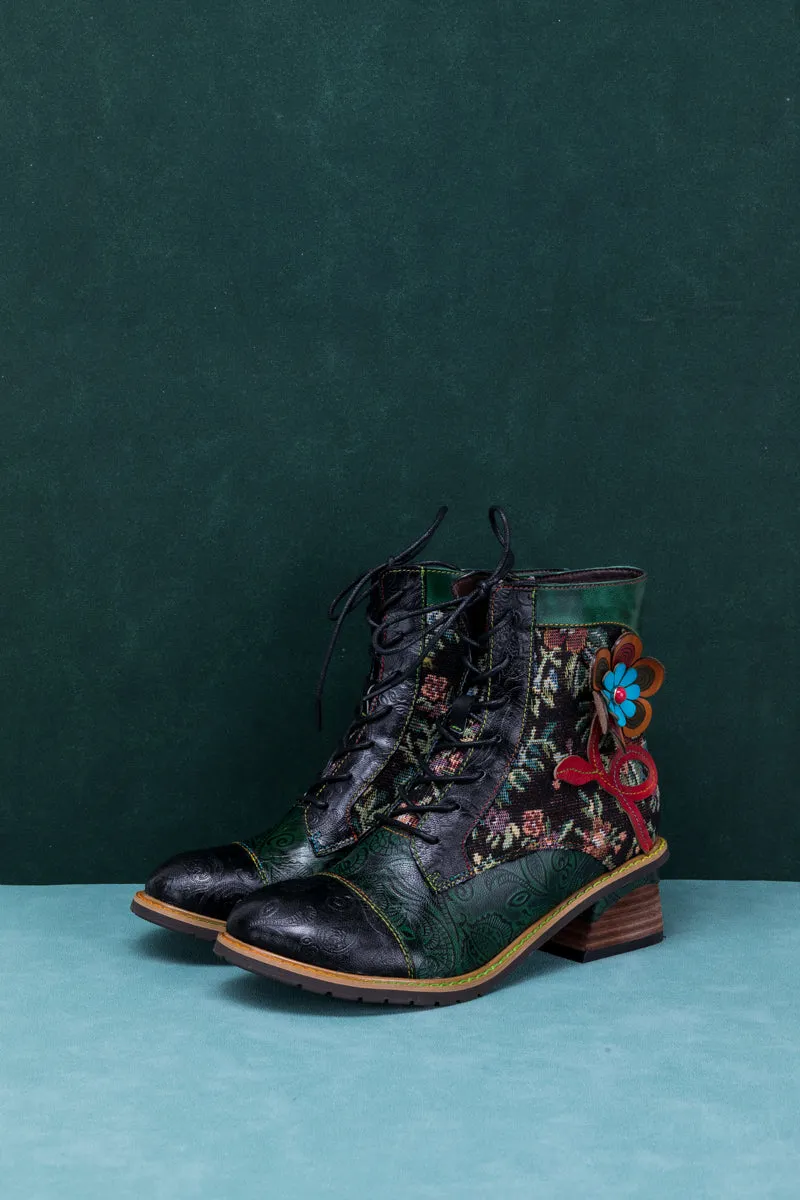 Floral Appliqued Lace Up Leather Ankle Boot