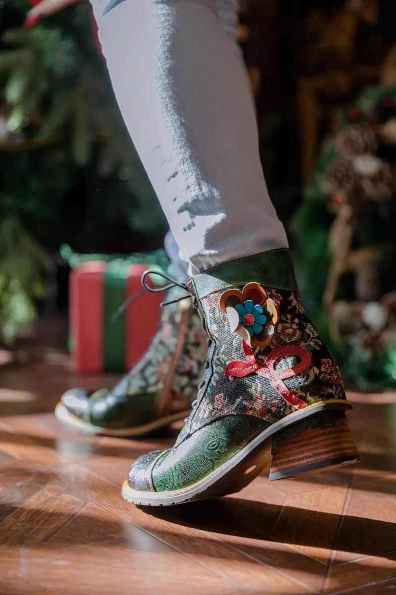 Floral Appliqued Lace Up Leather Ankle Boot