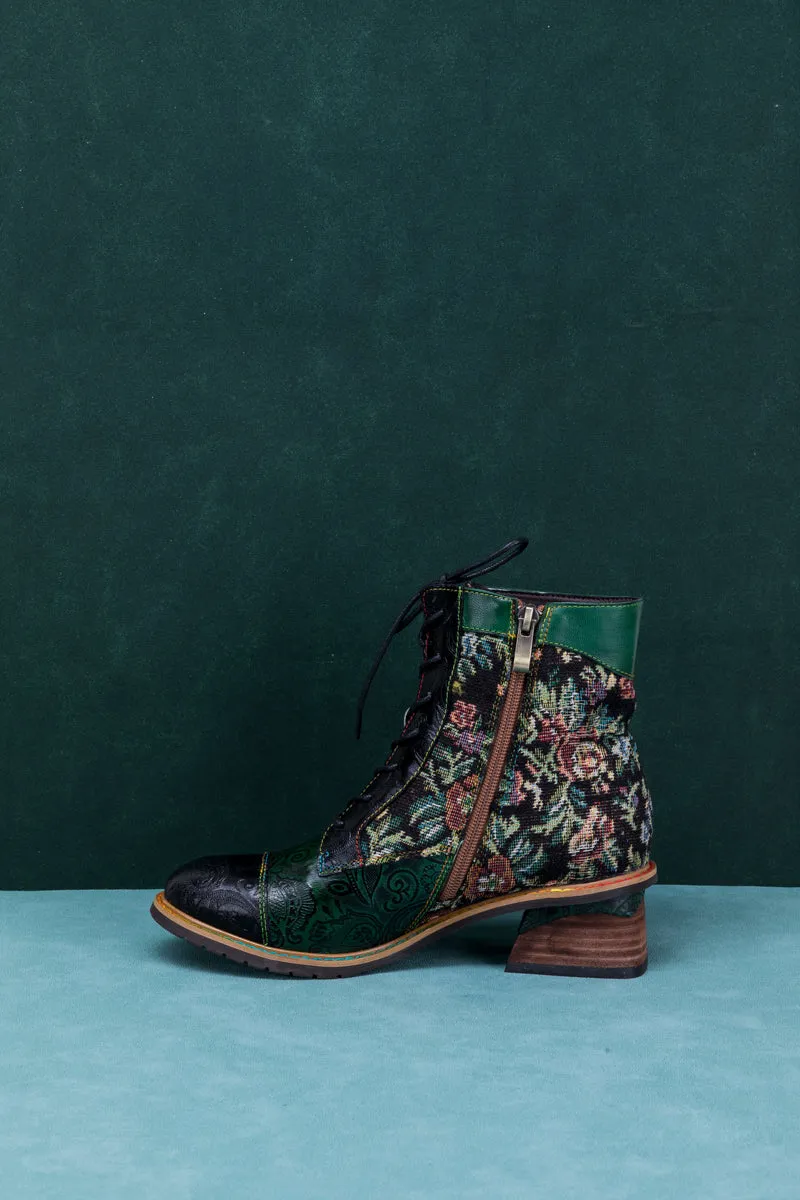 Floral Appliqued Lace Up Leather Ankle Boot