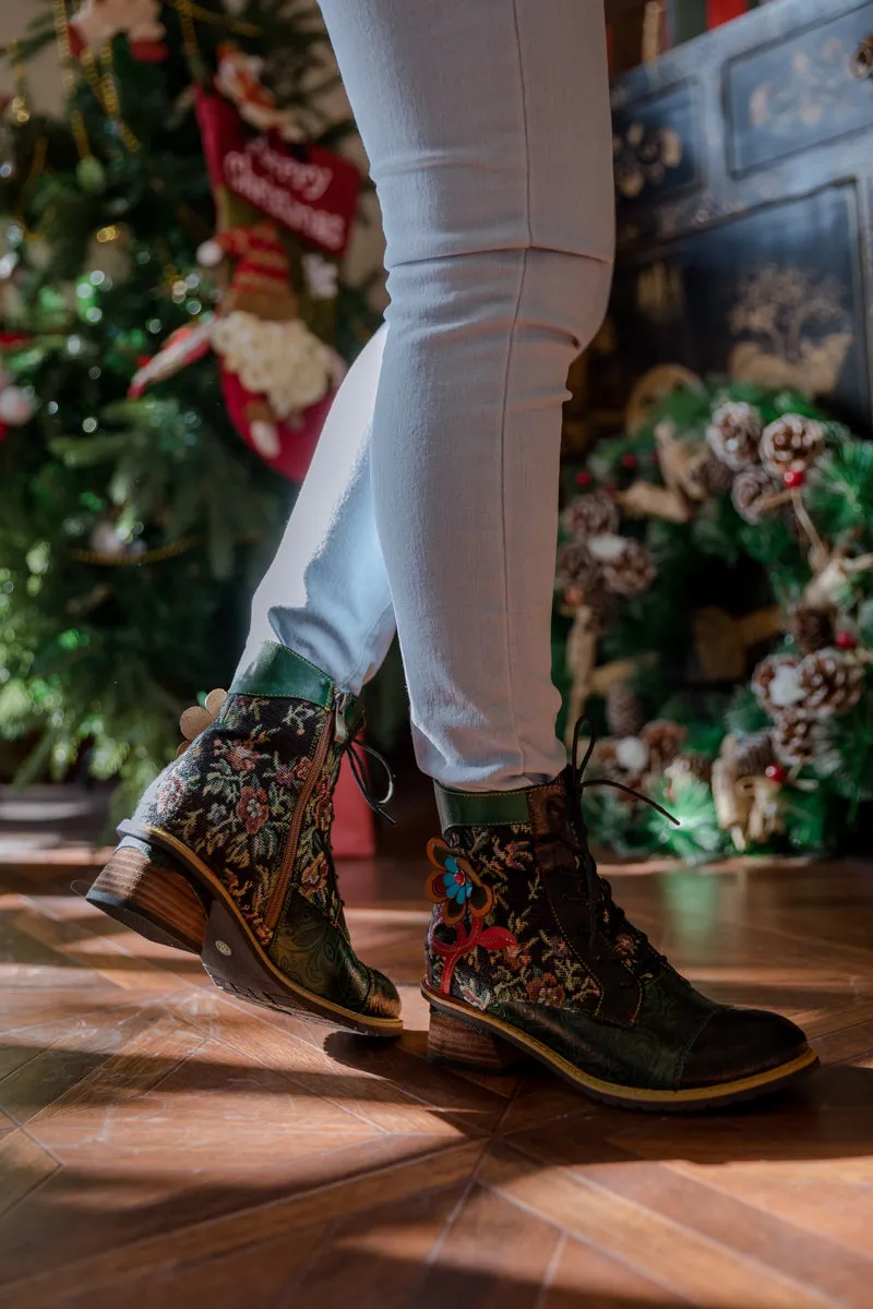 Floral Appliqued Lace Up Leather Ankle Boot